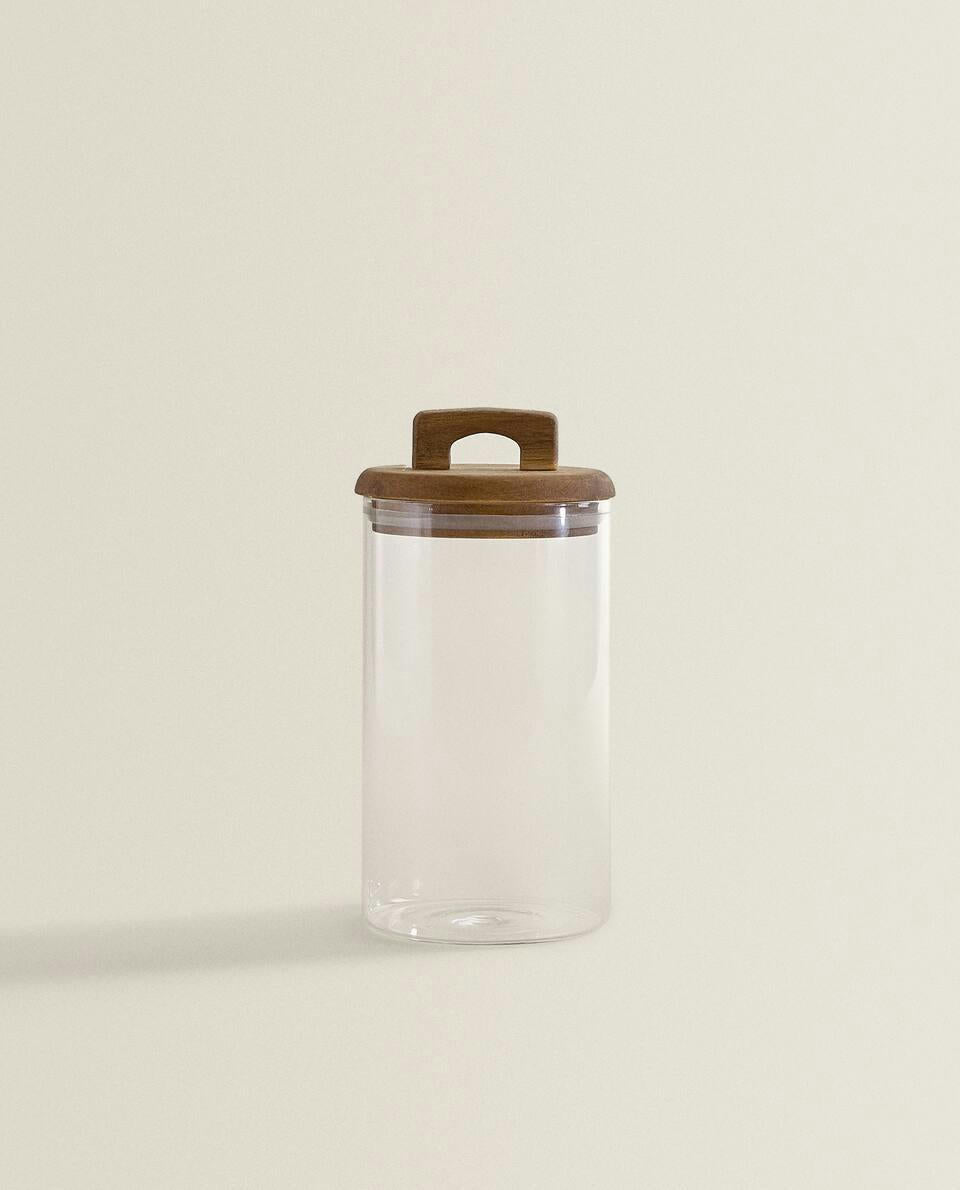 BOROSILICATE GLASS AND WOOD STORAGE JAR